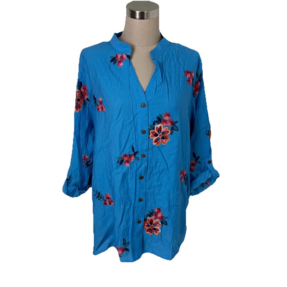 NWT‎ Anthropologie Kindred Floral Embroidered Boho Top Blouse Sz 1X Blue